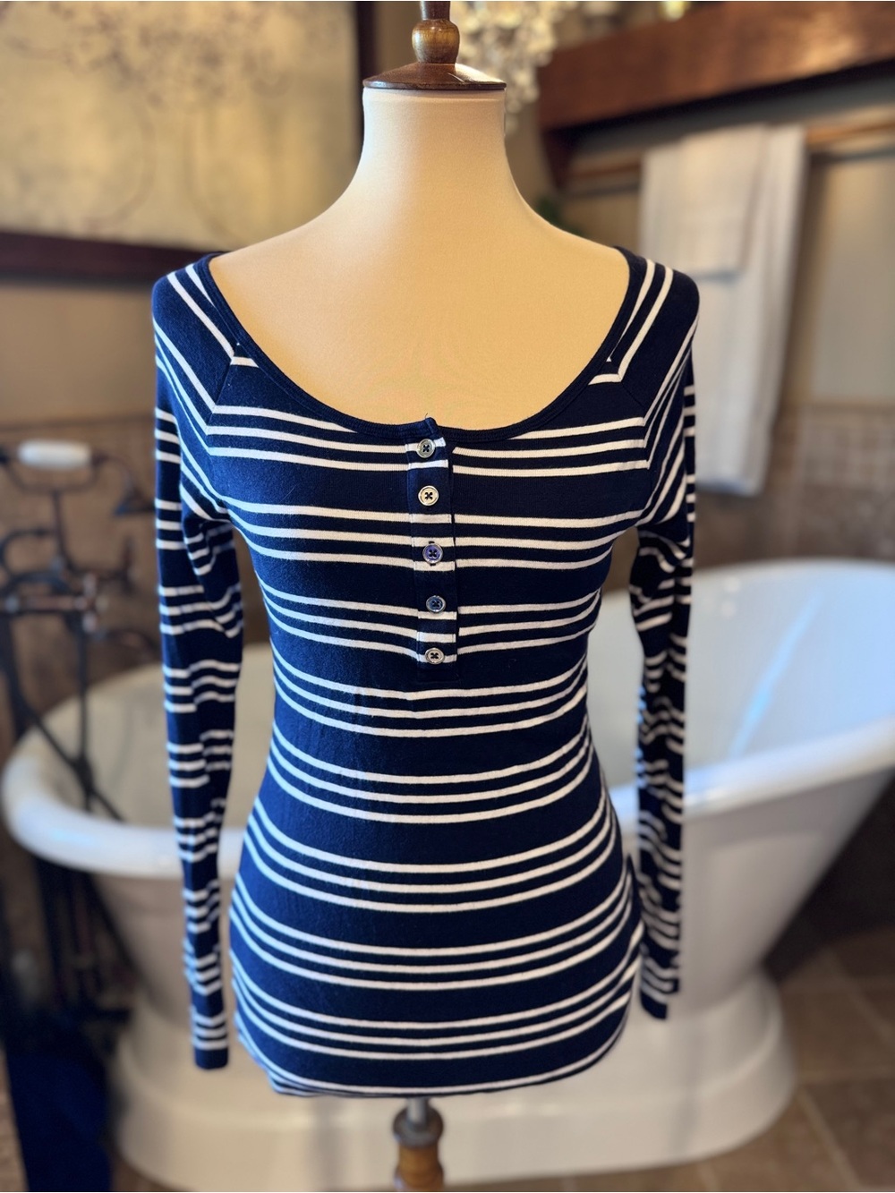 Gap Navy & White Striped Ribbed Henley Top small